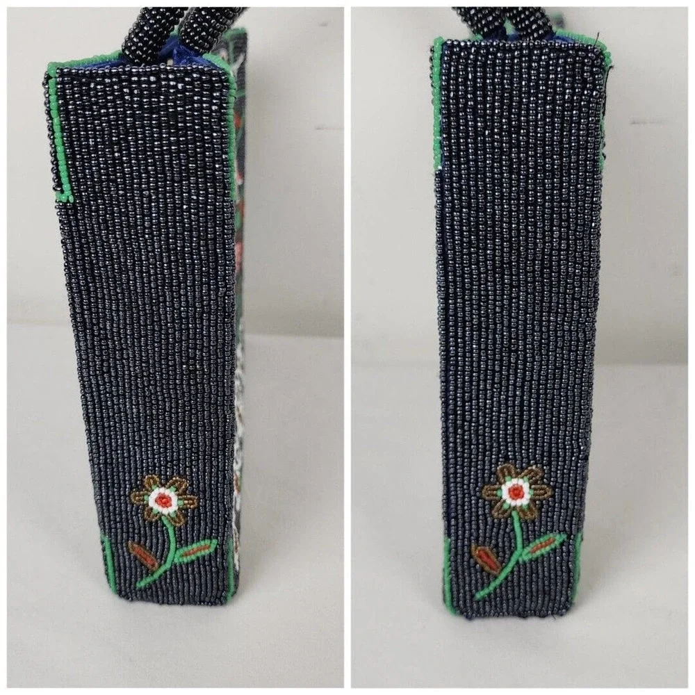Vintage Handbag Glass Seed Beaded Floral Purse Black Red Flower Vietnamese - Picture 9 of 11